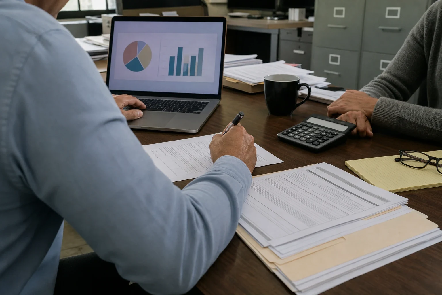 Two people at an office desk reviewing papers, one writing beside a laptop showing pie and bar charts, with a calculator, mug and filing cabinets nearby