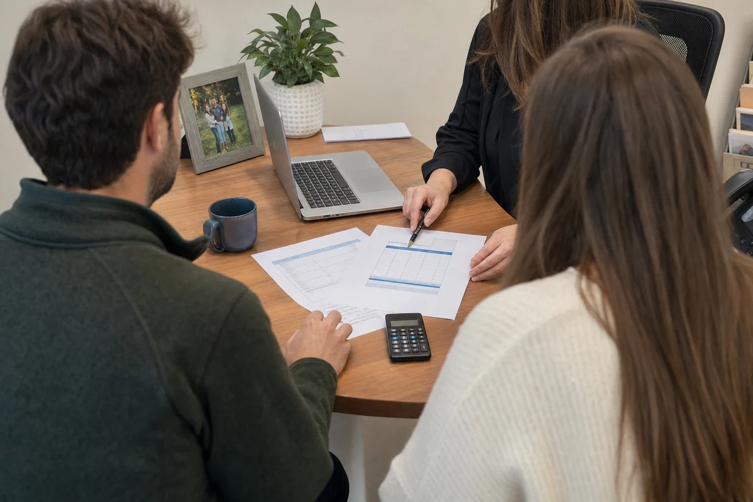 Insurance agent pointing with a pen at a printed comparison sheet on a wooden desk while a young couple looks on, with a laptop, calculator, mug, plant and family photo