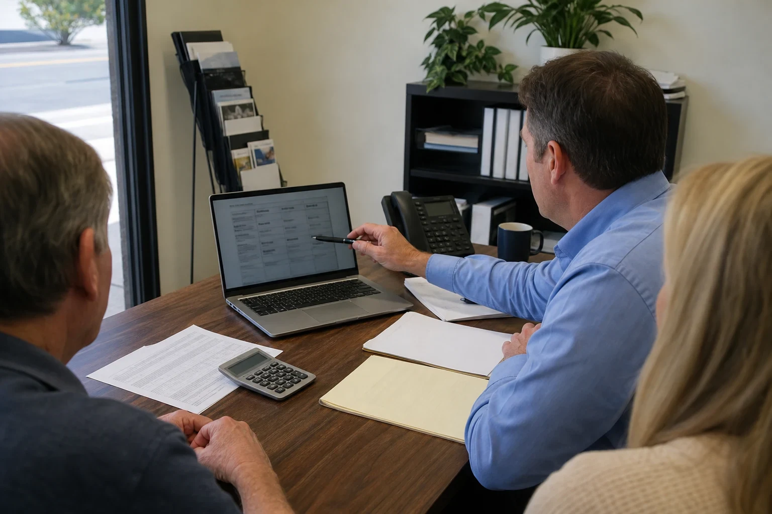Insurance agent in a blue shirt points a pen at a comparison chart on a laptop while a couple looks on at a wooden office desk with papers, calculator and phone